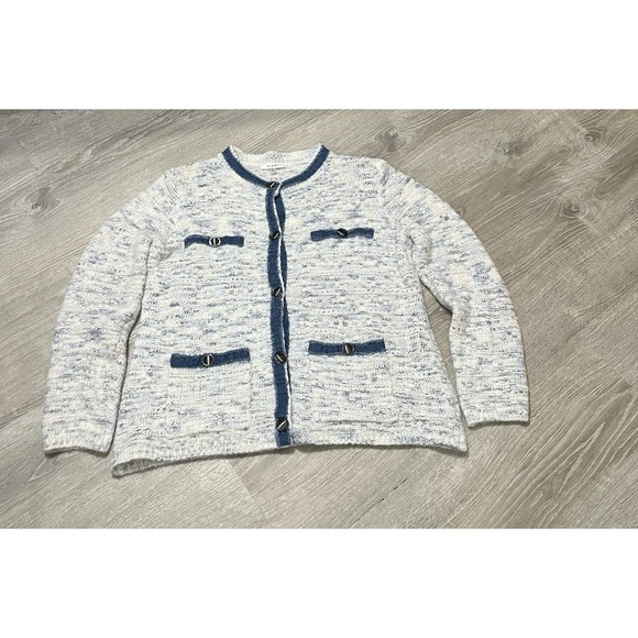 Sioni Sweaters - Sioni Sweater Women's Large Blue/Eggshell Button Down Wool Blend Denim Trim